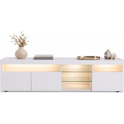 Mobile TV moderno bianco lucido con ante in vetro laminato, illuminazione LED variabile a 4 modalità, 3 sportelli e 180 cm per soggiorno - CHICFURN (1/5)