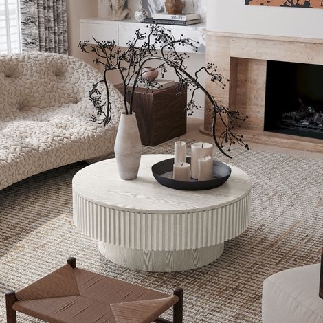 DESMIU Table basse ronde avec espace de rangement, pour salon, en bois massif et MDF, blanc rétro, Ø 75 cm (1/5)
