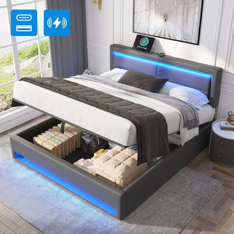 Lit coffre 160x200 cm avec sommier à lattes inclus, LED, USB et charge sans fil, rangement intégré, PU gris sans matelas (1/5)