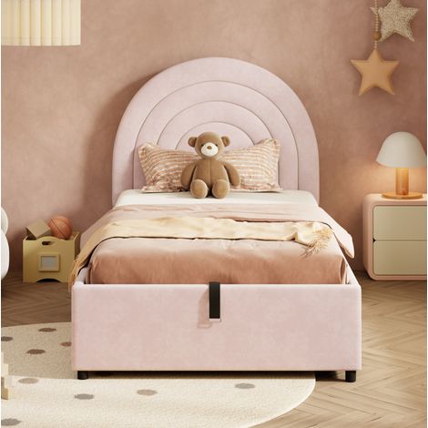 Letto imbottito per bambini rosa 90x200 cm in velluto, con vano contenitore idraulico e testiera morbida (1/5)