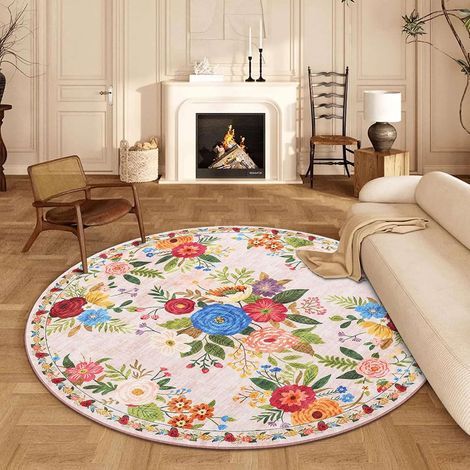 Runder Teppich (160 cm), maschinenwaschbar, rutschfest, kurzflorig, hellgrün, Boho-Stil mit orientalischem Blumenmuster, geeignet für Wohnzimmer, Schlafzimmer, Esszimmer, Kinderzimmer, Spielzimmer. (1/5)