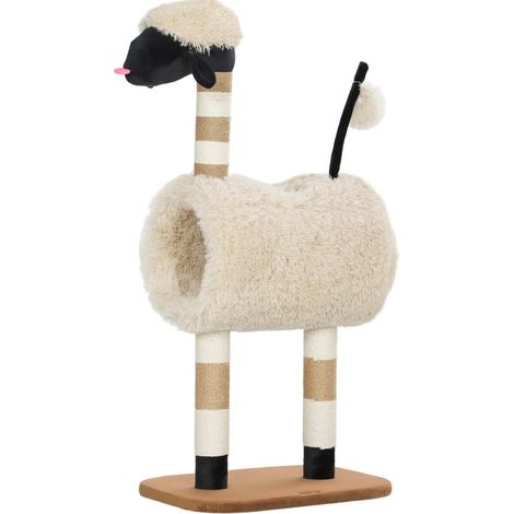 Albero tiragraffi per gatti a forma di pecora, con tiragraffi, tunnel e gioco, 98 cm, marrone chiaro (1/4)
