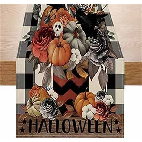 1 nappe de table Halloween, motif citrouilles noires et toile d'araignée, en lin, 33 x 183 cm, pour décoration automnale et fêtes à la maison (1/5)