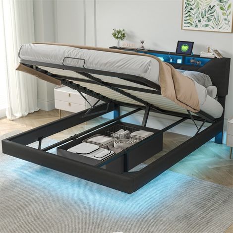 Letto contenitore 160x200 cm, con testiera contenitore LED, ricarica USB, contenitore idraulico, design sospeso, adatto ad adulti e adolescenti, nero