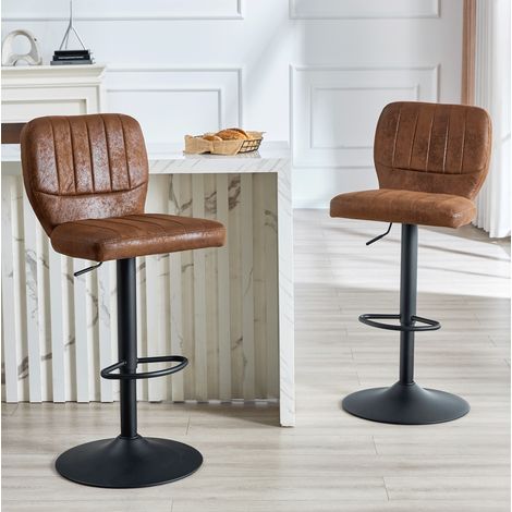 Tabouret de bar en métal et PU marron noir, pivotant 360°, réglable en hauteur avec dossier et repose-pieds (1/5)
