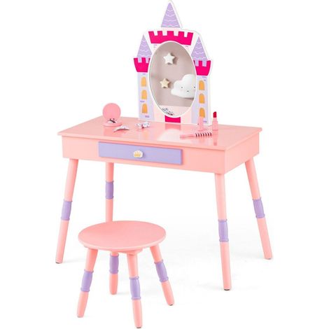 Tocador infantil 2 en 1 con taburete juego de tocador de madera rosa