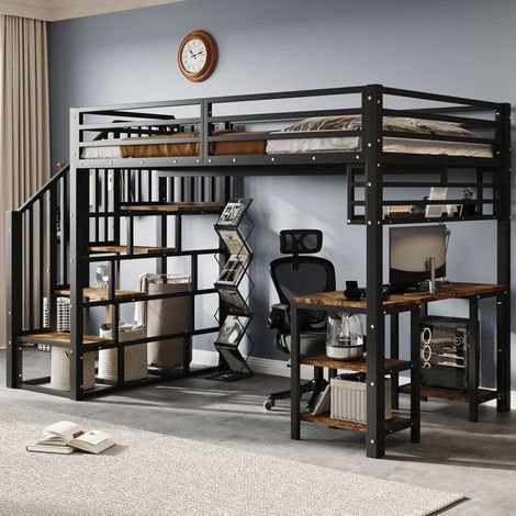 Lit Mezzanine - SOGEU - 120x200 cm - Bureau intégré - Escalier sécurisé - Métal & Bois (1/5)