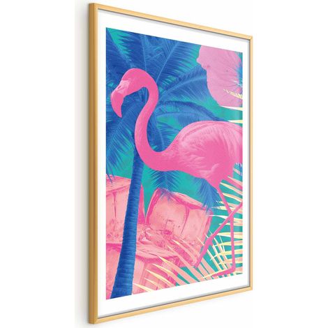 Poster – Rosa Flamingo – Abstrakter Flamingo vor einem Hintergrund aus Palmen und Eiswürfeln (1/4)