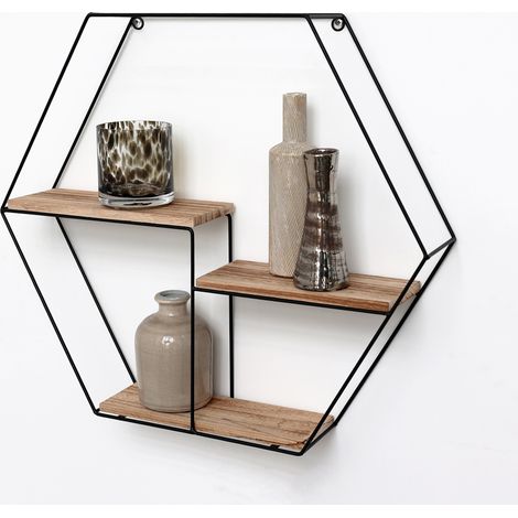 Estantería de pared de metal negro con 3 estantes - Hexágono - 48x55x10 cm (1/5)