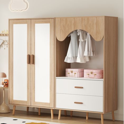 Armario infantil de MDF blanco y natural, conjunto de 2 módulos con barra, 2 cajones, 160 x 46 x 141,5 cm (1/5)