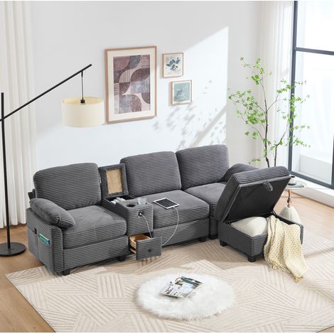 Sofa aus Cord in Dunkelgrau 266 cm mit verschiebbarer Mittelkonsole, USB-C und Stauraumhocker (1/5)