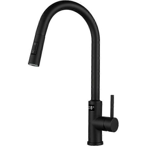Robinet tactile, robinet d'évier avec douchette extractible, robinet monocommande en acier inoxydable avec affichage de la température, couleur or (noir). (1/5)