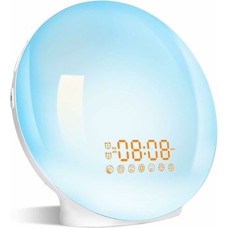 Radio-réveil lumineux avec 20 niveaux de luminosité, simulateur de lever/coucher du soleil, double alarme, radio FM, 7 couleurs, veilleuse (1/5)