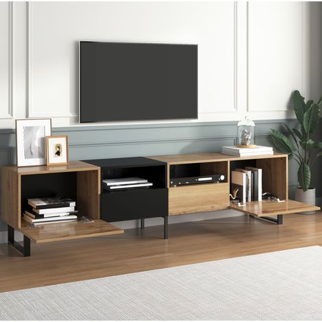 Meuble TV 190x38x48 cm noir et bois en MDF avec 2 portes, 2 tiroirs et rangement spacieux (1/5)