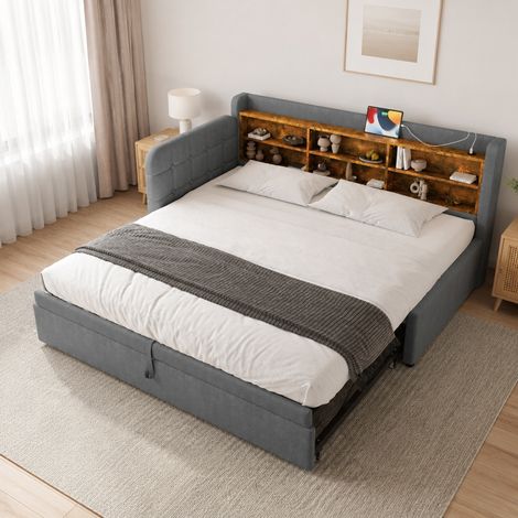 DESMIU Lit gigogne 90 × 200 cm et 180 × 200 cm 1 place avec USB, Type-C et rangements, sans matelas, gris (1/5)