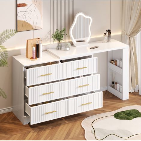 Coiffeuse pivotante 110x40x129 cm avec miroir LED 3 couleurs, 6 tiroirs, bureau 2-en-1, blanc et or (1/5)