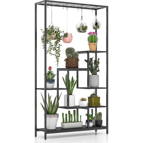 GOPLUS Support pour Plantes Intérieur à 6 Niveaux, Présentoir pour Pots de Fleurs, 10 Crochets, Étagère à Fleur en Bois et en Métal, Style Industriel, pour Balcon, Salon, 100x30x180cm (Noir) (1/5)