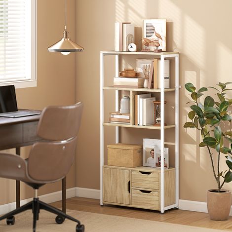 Bibliothèque 58x24x122 cm blanc naturel avec étagères, tiroirs et porte Style industriel en bois et