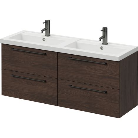 Napoli 390 Brown Oak 1200mm Wall Mounted 4 Drawer Vanity Unit with Double Lucia Basins - 1200mm - Gunmetal Grey 320mm Handle