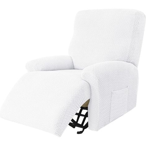 Housse Fauteuil Relax - Extensible 90% Polyester 10% Spandex - 4 Pièces avec Poche Latérale - Pour Fauteuil Inclinable 1 Place - Blanc