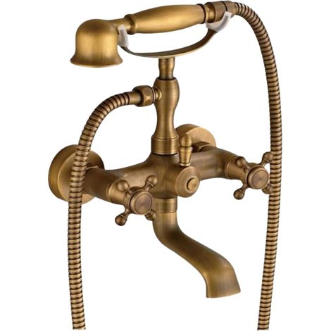 Rubinetto per vasca retrò con doccetta – Miscelatore doccia a 2 maniglie in ottone anticato, montaggio a parete, rubinetto per vasca dorato con 2 uscite, miscelatore vintage per vasca e doccia.