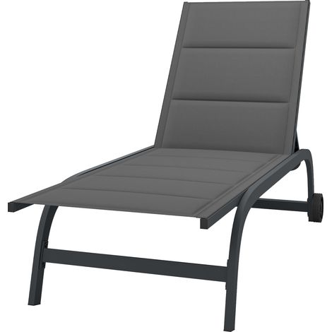 Atmungsaktive Sonnenliege, Gartenliege mit 6-fach verstellbarer Rückenlehne, Rollen, Aluminiumrahmen, dunkelgrau