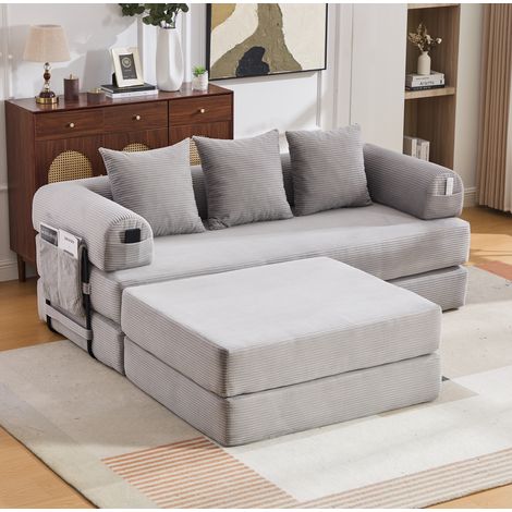 Divano modulare 200x190x67 cm in velluto a coste grigio chiaro con pouf – MEUBLIV (1/5)