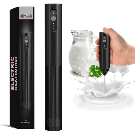 Mousseur à Lait Électrique Rechargeable, Batteur à Mousse à Main avec Fouet en Acier Inoxydable, Mini Fouet en Acier Inoxydable pour Café, Latte, Cappuccino, Matcha, Noir (1/5)