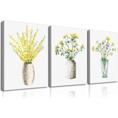 Peinture sur toile à l'aquarelle représentant une fleur jaune, art végétal moderne, 3 panneaux 30x40cm (1/4)