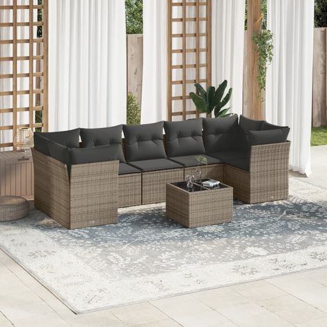 Ensemble de jardin 8 places en résine tressée gris avec table en verre trempé et coussins déhoussables - Salon complet pour terrasse (1/3)