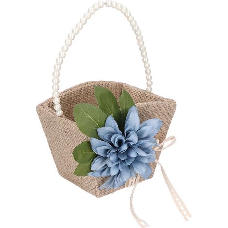 Panier à fleurs vintage en toile de jute pour demoiselles d'honneur et petites filles d'honneur, anses en nacre, pouvant contenir des pétales de bonbons et des fleurs artificielles, panier de décorati (1/5)