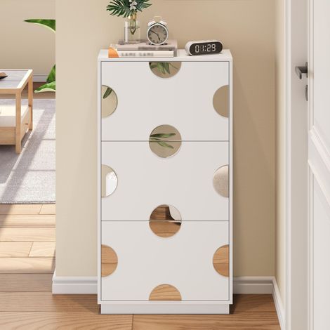 Scarpiera bianca con specchio rotondo - 3 ante a ribalta salvaspazio 63x24x120cm per ingresso e corridoio - design moderno in mdf (1/5)
