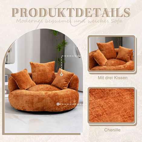 Canapé géant orange chenille, dossier haut et trois coussins, pouf confortable pour adultes et enfants, usage intérieur et extérieur, fauteuil gaming simple pour chambre ou bureau