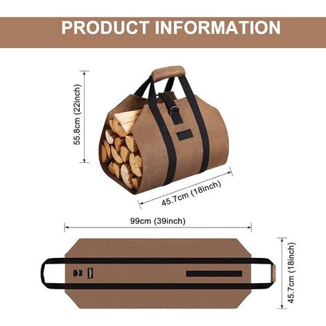 Sac de transport pour bois de chauffage, sac de transport pour bois de chauffage, sac de transport en toile, panier à bûches portable pour cheminée, poêle à bois, bûches, camping, plage-100 x 46 cm (1/5)