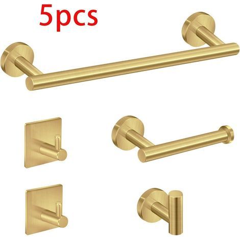 Ensemble de 5 accessoires de salle de bain – Porte-serviette 40cm – Porte-papier toilette – Crochets pour peignoirs en acier inoxydable or brossé (1/4)