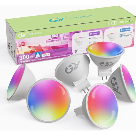 Ampoule Connectée GU5.3 WiFi 5W 380LM, RGB + CCT (2700K-6500K) Dimmable, Ampoule LED Intelligente MR16 Contrôlée par Smart Life, Compatible avec 15, Lot de 6 (1/5)
