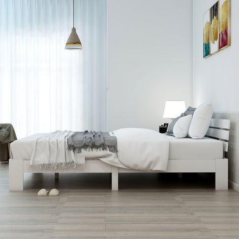 Lit double en bois massif avec cadre de lit, tête de lit et sommier à lattes - 200 x 140 cm, utilisable comme lit en pin (1/5)