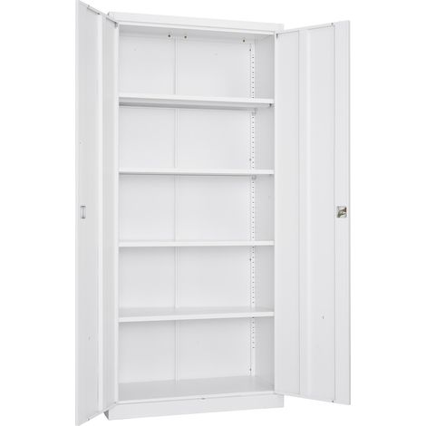 Mophorn Armario metálico de 5 estantes 80 x 40 x 175 cm, gabinete de acero con cerradura para herramientas, despensa, almacén, sótano, lavandería u oficina, color blanco (1/5)