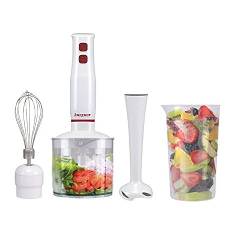BEPER P102FRU200 Set frullatore a immersione 4in1,400W, Frullatore, Tritatutto 500 ml, Frusta, Bicchiere graduato 700 ml, Funzione turbo, Bianco/Rosso (1/4)