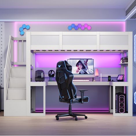 Cama alta gaming 90x200 cm con escritorio, escalera con almacenaje, LED y puerto USB blanca (1/5)