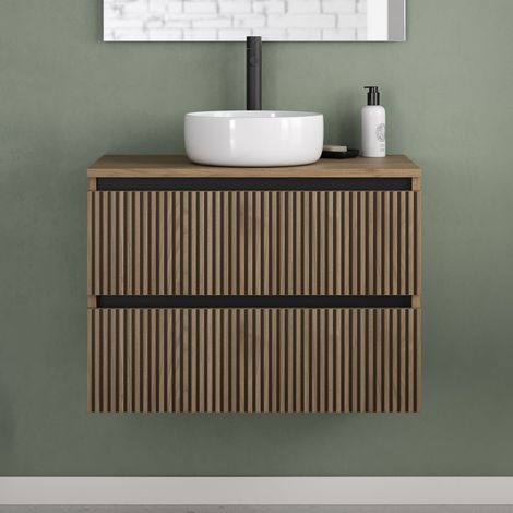 Meuble de salle de bain 60cm avec plateau et vasque à poser ronde - 2 tiroirs - sans miroir - noyer (bois foncé) - VENERIA