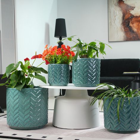Keramik-Blumentopf Ø31,5 cm, glänzend aqua blau, Chevron-Relief, mit Drainage (1/5)
