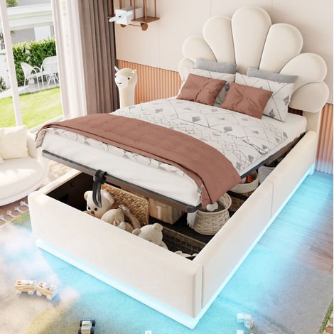Letto imbottito 90x200 cm beige con testiera floreale, contenitore idraulico, LED e metallo (1/5)