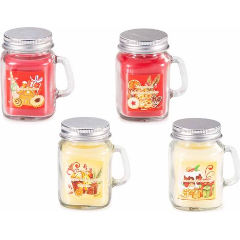 Candele profumate con decori dolcetti di Natale a forma di barattolo / caraffa con manico e tappo, set da 8 pezzi, cm 7,5 x 5,5 x 8,5 H