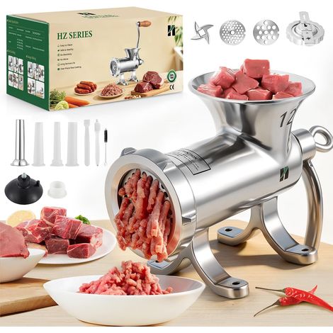 Hachoir à viande manuel en acier inoxydable avec poussoir à saucisse et accessoire pour biscuits. Hachoir à viande manuel lavable au lave-vaisselle pour le bœuf, le porc et les légumes (n° 12) (1/5)