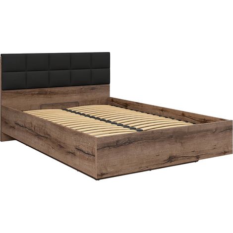 Lit coffre 140x200 avec tête de lit rembourrée noir, sommier et rangement ,coloris Chêne marron foncé - Longueur 206 x Profondeur 145 x Hauteur 42-98,5 cm (1/5)