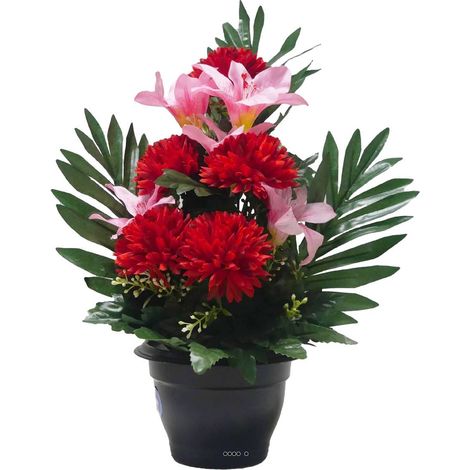 Pot de Chrysanthemes fleurs artificielles pour le cimetière H 38 cm D 22 cm Rouge - couleur: Rouge
