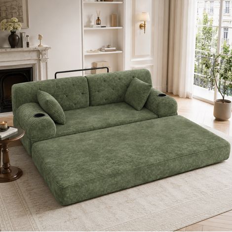 Divano letto 168x162x81 cm verde in tessuto corduroy con schienale alto, 2 portabicchieri, 4 tasche laterali e senza montaggio (1/5)