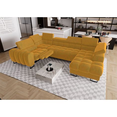 Wohnlandschaft Schlafsofa BASTIEN RELAX in Stoff Terra Honiggelb Ottomane Rechts