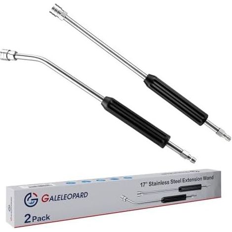 Set aus 2 Edelstahl-Verlängerungsschläuchen für Hochdruckreiniger, 43,2 cm lang, mit rutschfestem Griff, 6,35 mm Schnellanschlusslanze, 30° gebogener Düse und - (1/5)
